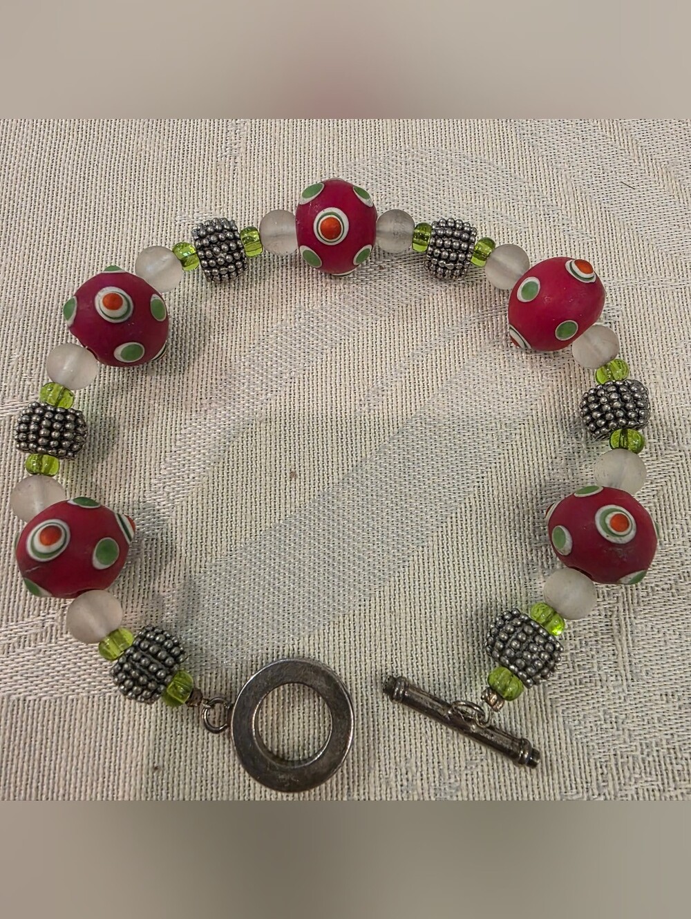 Handmade Red Dotted Glass Lampwork  Bracelet Toggle Clasp Silver & Green Accents